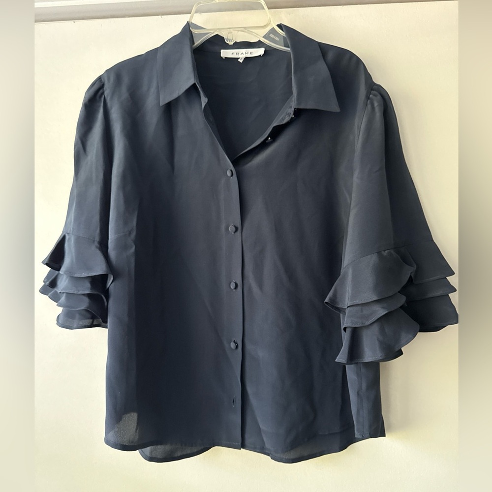 Frame Ruffle Sleeve Silk Button Up Crop Blouse Top M